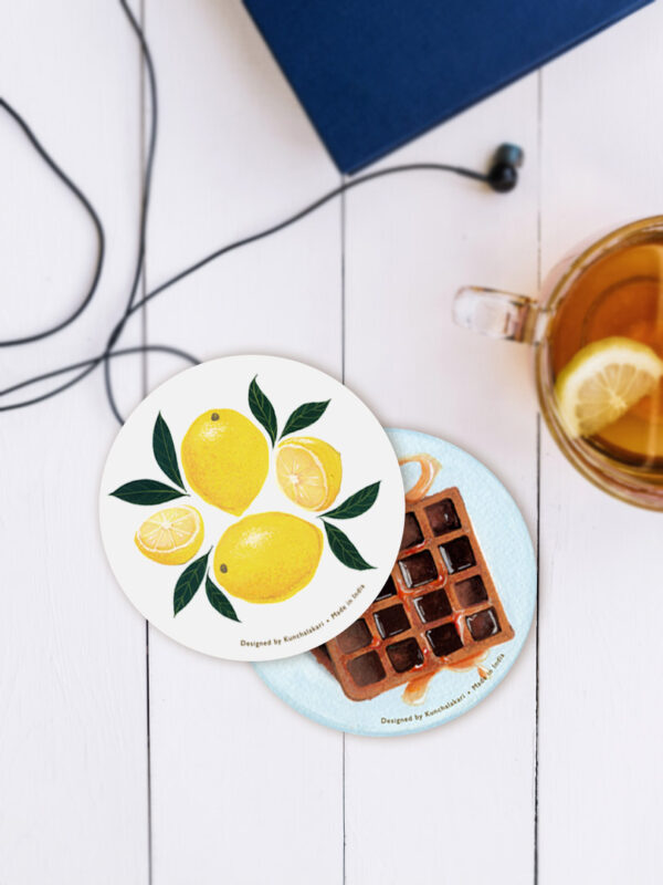 Coaster for Home Décor with Fresh Lemon and Yummy Waffles combo design